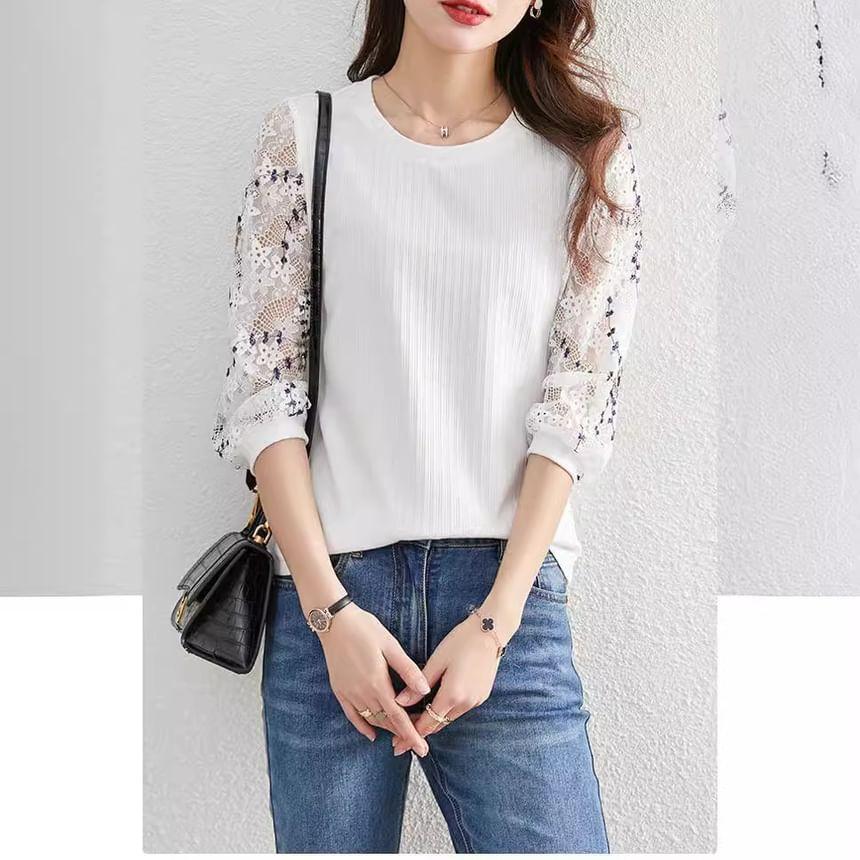 Long-Sleeve Crewneck Lace Top Product Image