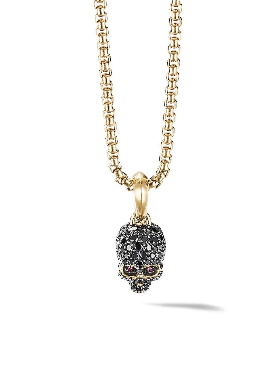 Mens Memento Mori Skull Amulet with Full Pav Black Diamonds, Rubies and 18K Yellow Gold Product Image