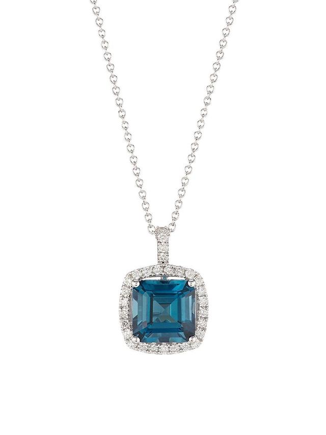 Womens 14K White Gold, London Blue Topaz & 0.35 TCW Diamond Cushion Pendant Necklace Product Image