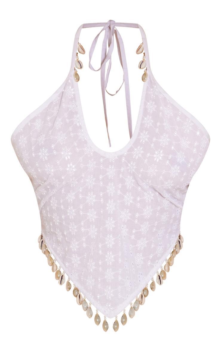 White Broderie Shell Detail Halter Crop Top Product Image