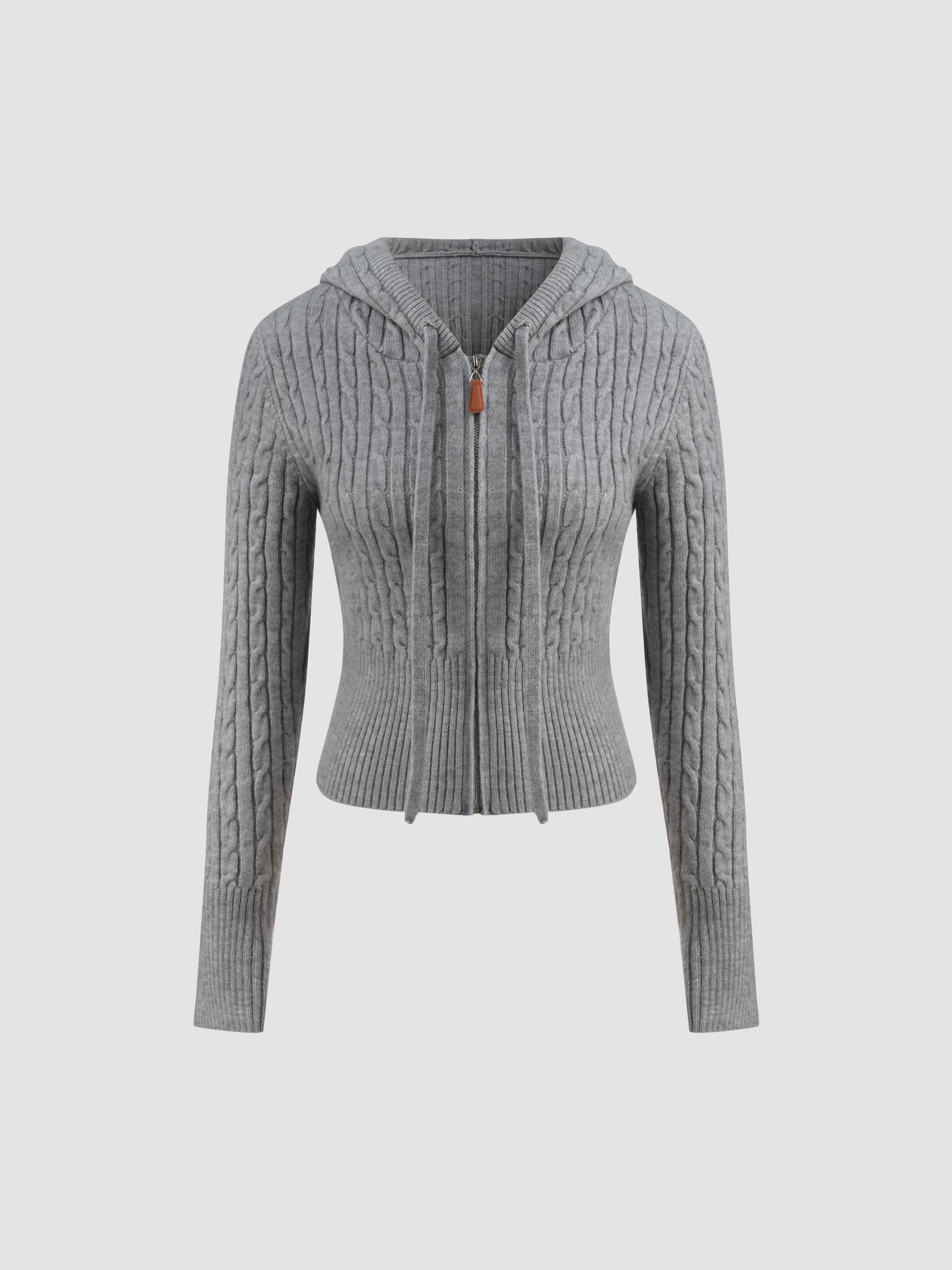 Cable Knit Hooded Solid Zipper Cardigan product image