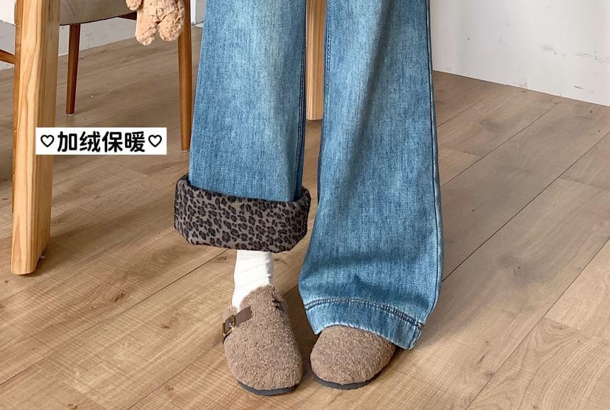 Fleece-Lined Leopard-Print Trim Flared Jeans Product Image