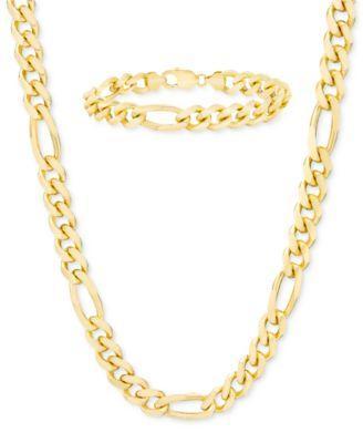 Mens Figaro Link Chain Necklace Bracelet Collection In 14k Gold Plated Sterling Silver Product Image