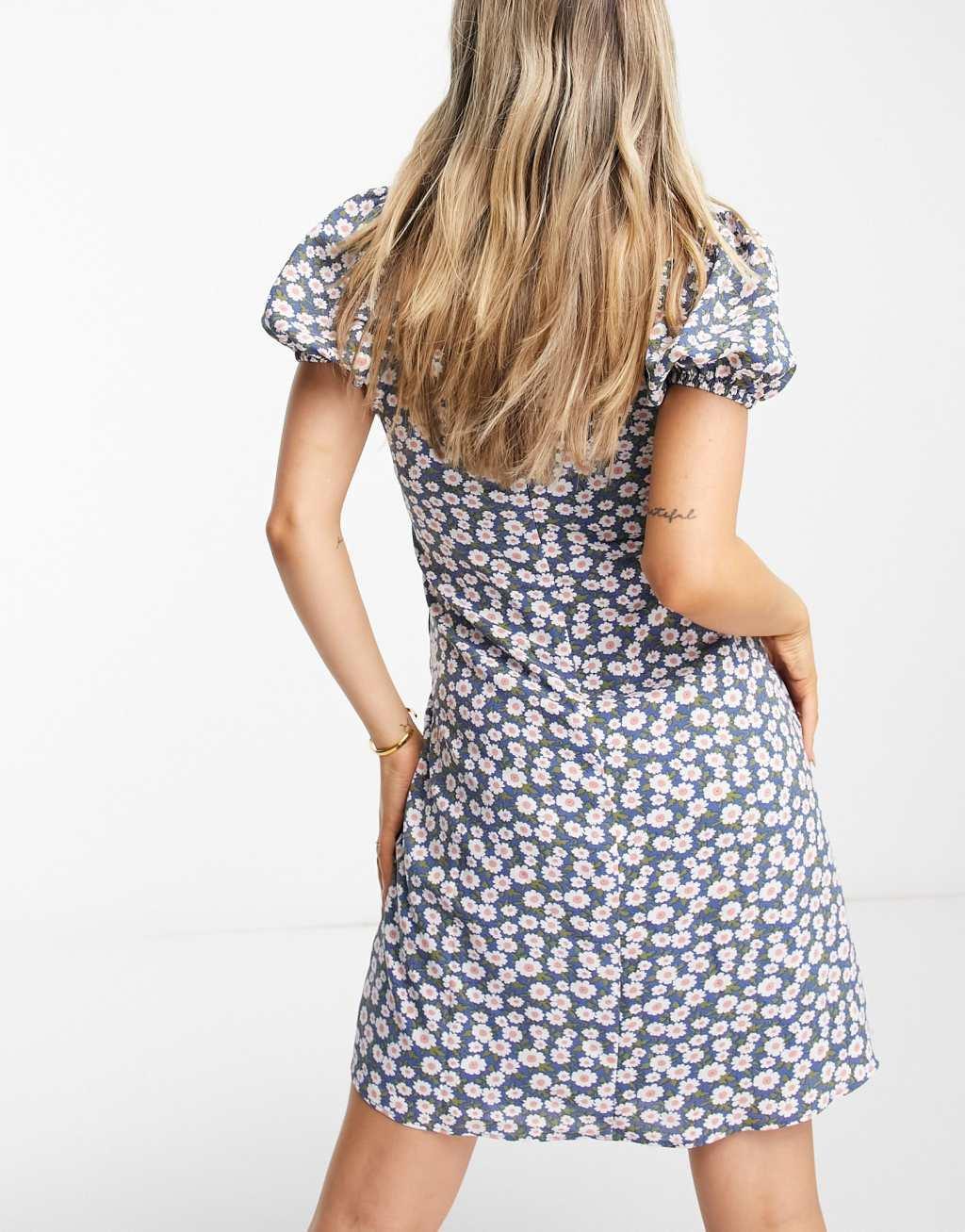 Glamorous Maternity milkmaid mini tea dress in blue daisy Product Image