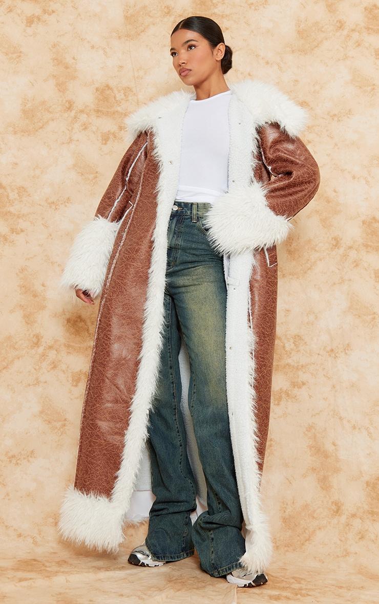 Brown Faux Fur Trim Distressed Faux Leather Maxi Coat Product Image