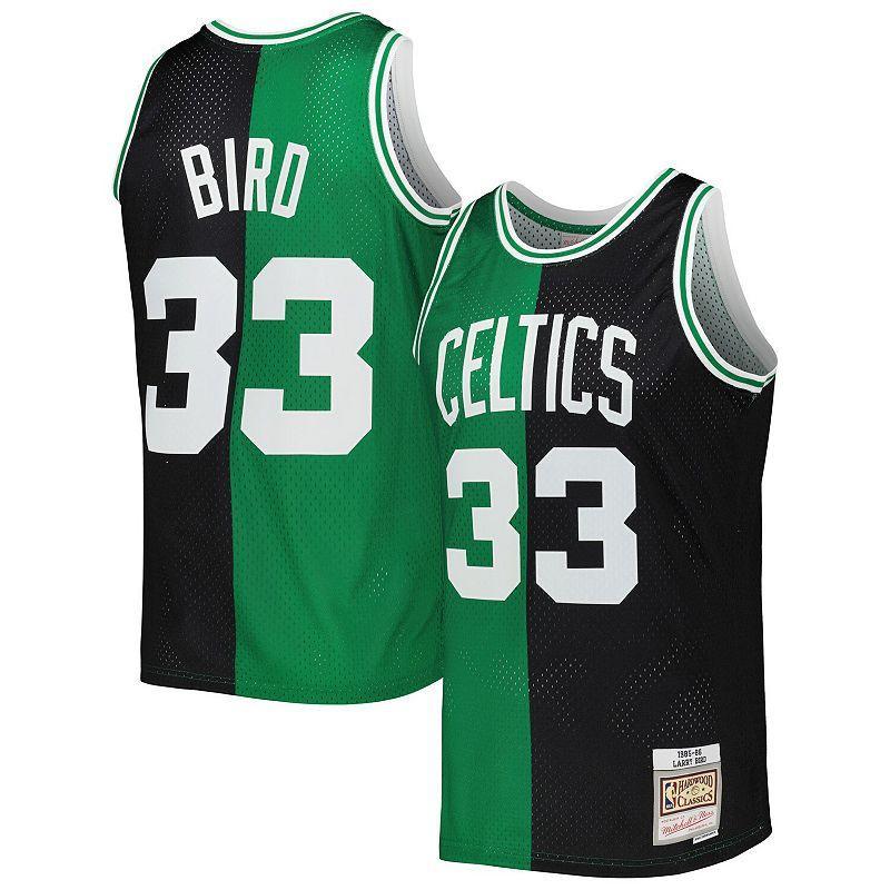 Mens Mitchell & Ness Larry Bird Black, Kelly Green Boston Celtics Hardwood Classics 1985-86 Split Swingman Jersey - Black, Kelly Green Product Image