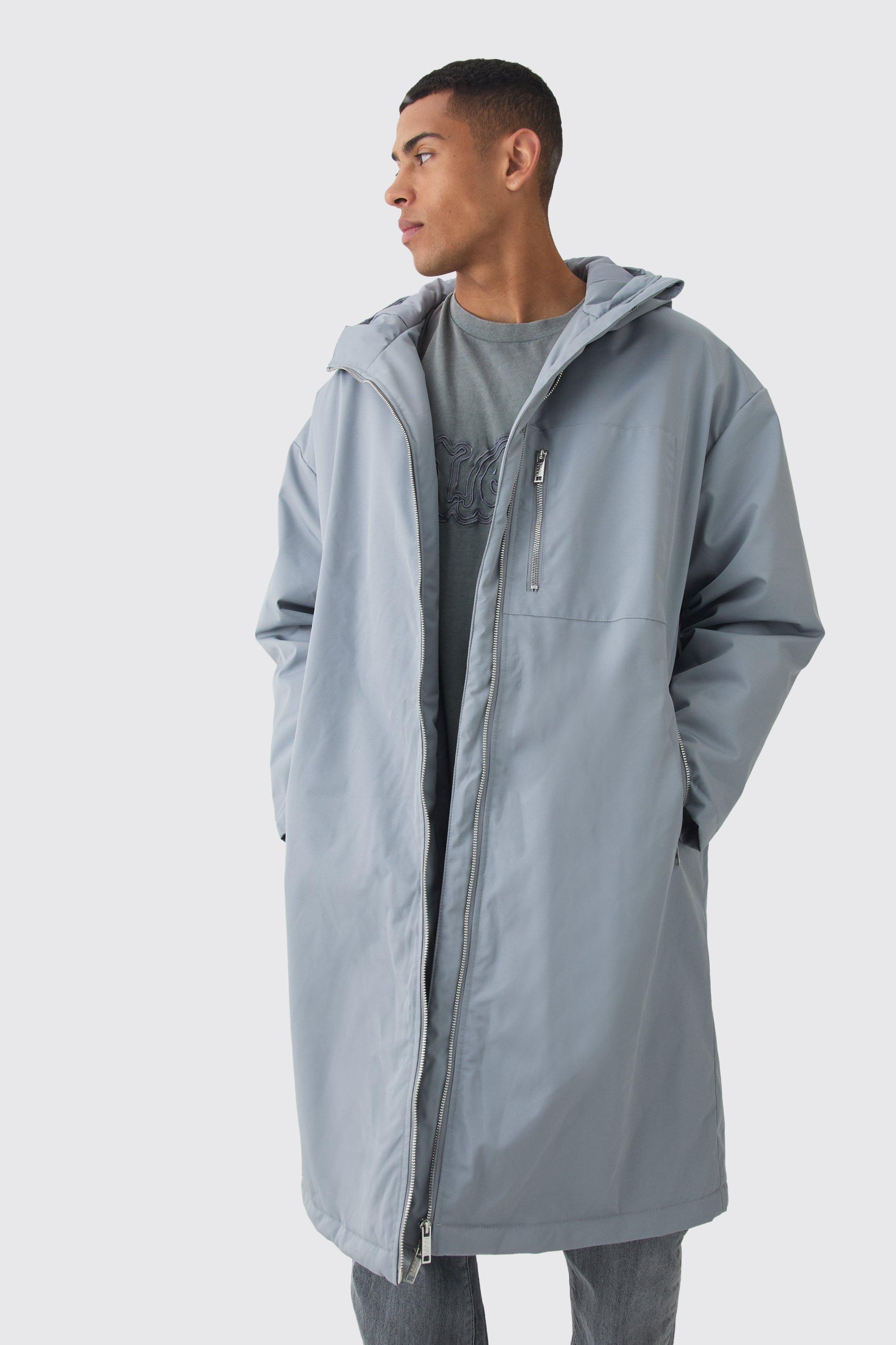 Oversized Padded Tech Longline Raincoat In Grey | boohooMAN USA Product Image