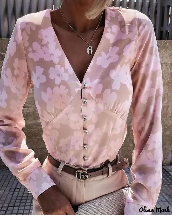 Olivia Mark – Floral Print V-Neck Button-Up Top Product Image