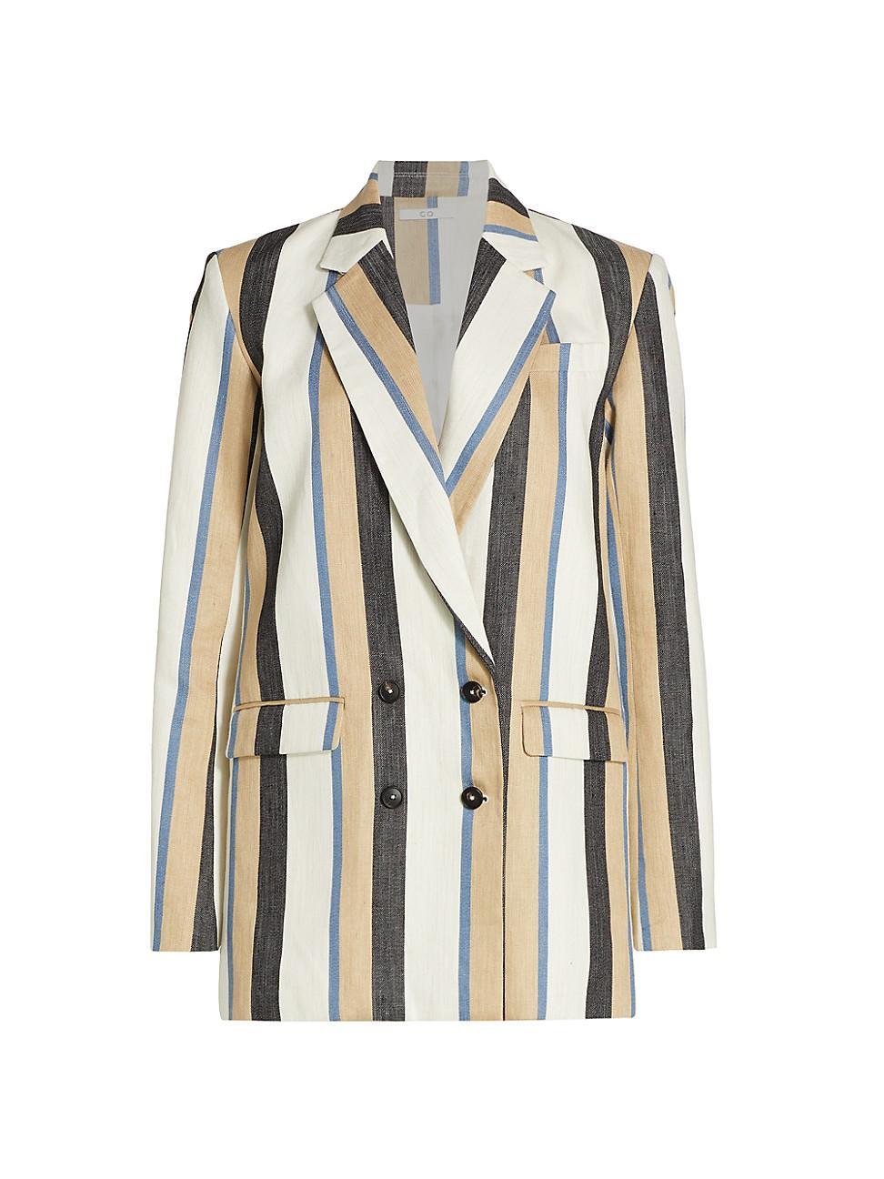 Womens Double-Breasted Striped Linen Blazer Product Image