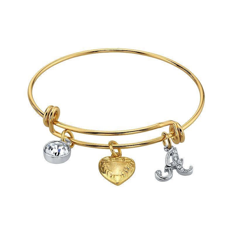 1928 Two Tone Crystal, Heart & Initial Charm Bangle Bracelet, Womens Product Image