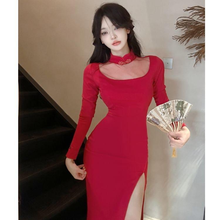 Long-Sleeve Mock Neck Slit Hem Plain Midi Sheath Dress Product Image