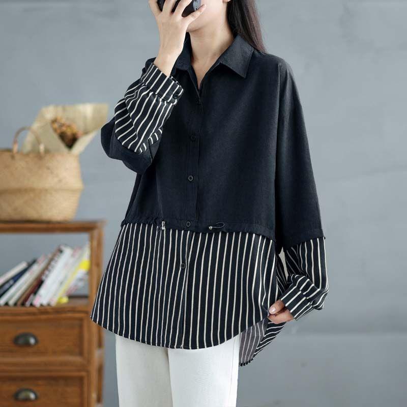 Long-Sleeve Striped Panel Drawstring Waist Button-Up Tunic Shirt Product Image