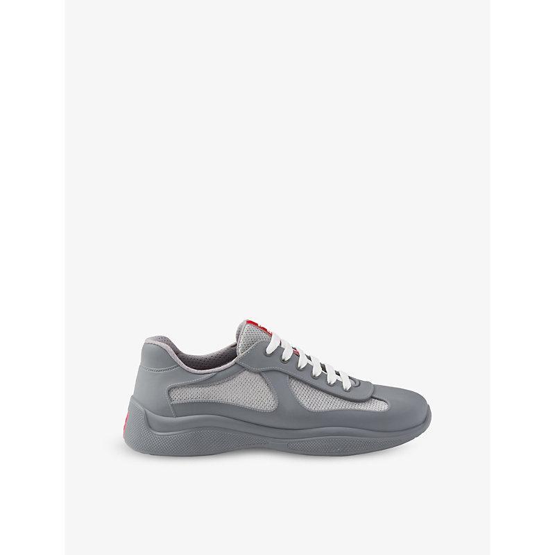 PRADA Mens Gold/silver America's Cup Original Leather And Mesh Trainers In Steel Grey Product Image