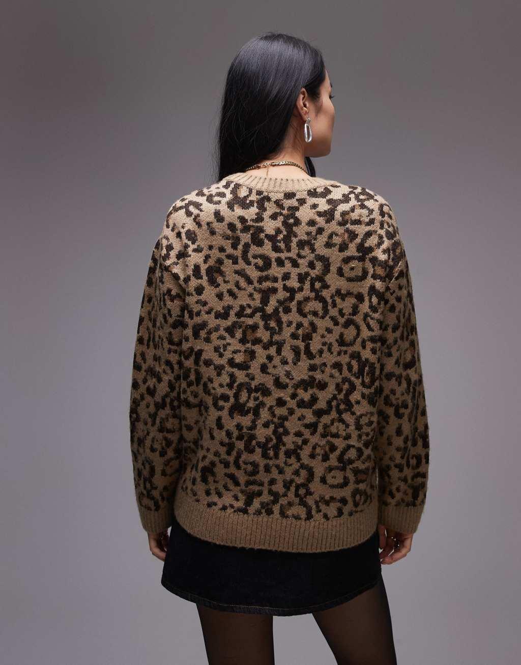 Mango oversized round neck sweater in leopard print Product Image