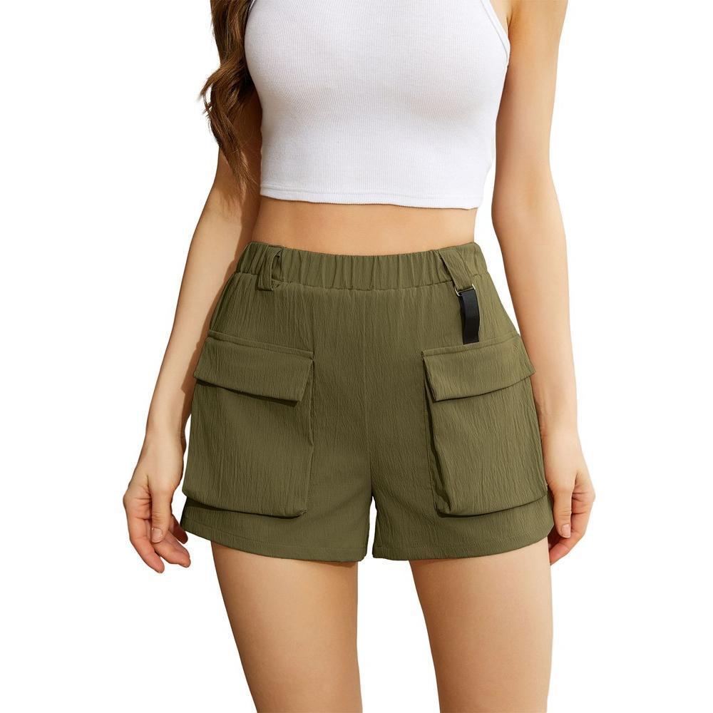 Womens High Waist Textured Cargo Shorts with Pockets Summer Bottoms 2024 Elastic Band Shorts - Army Green M Product Image