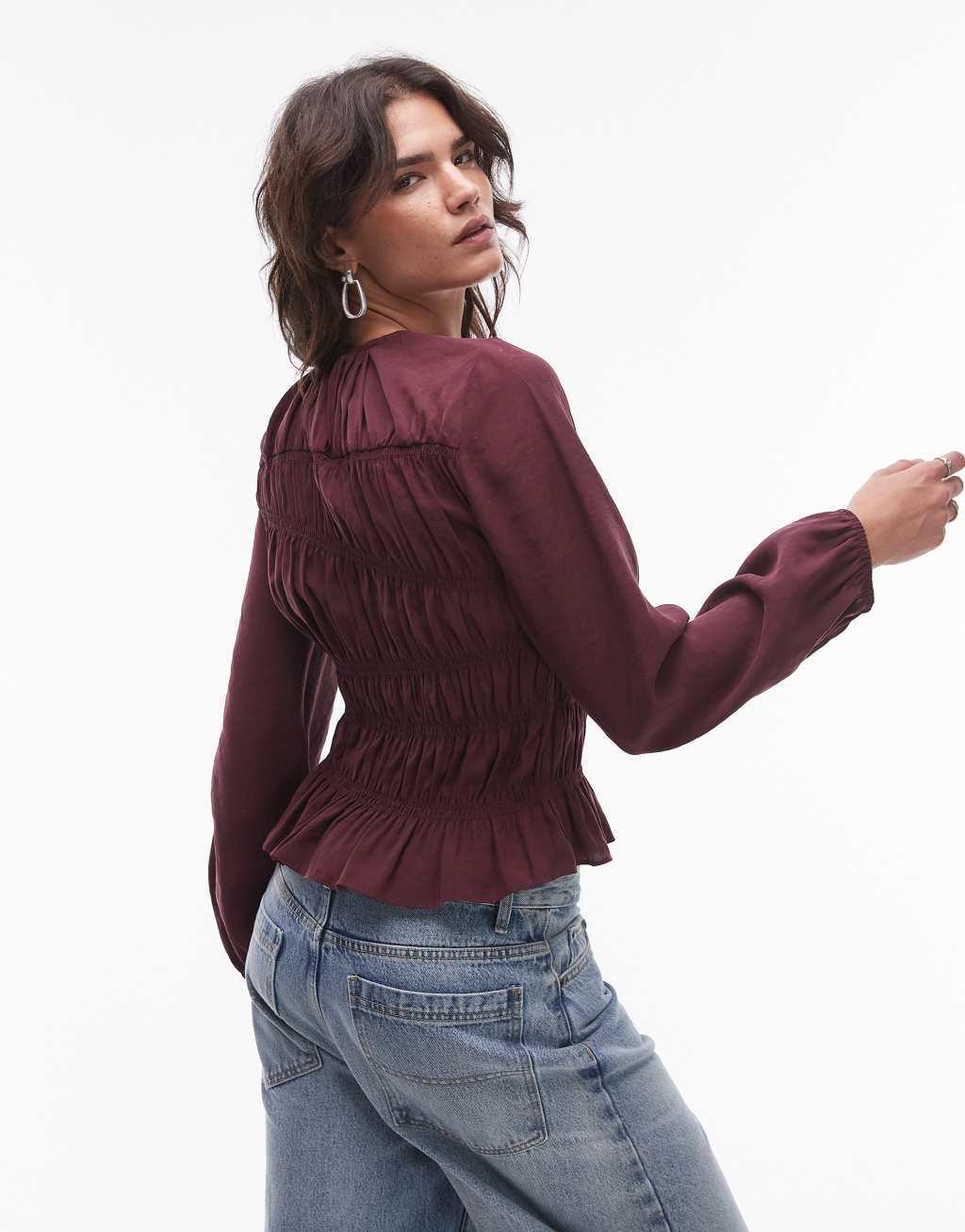 Topshop asymmetric shirred top in burgundy Product Image