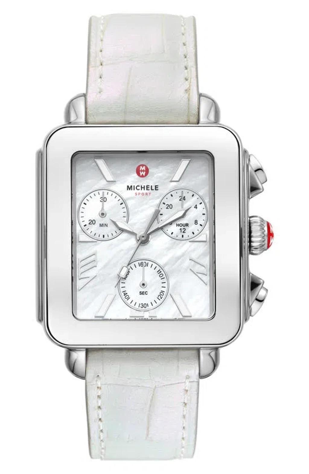 MICHELE Women's Deco Sport Stainless Steel & Croc-embossed Leather Chronograph Watch/34mm X 36mm In White Product Image