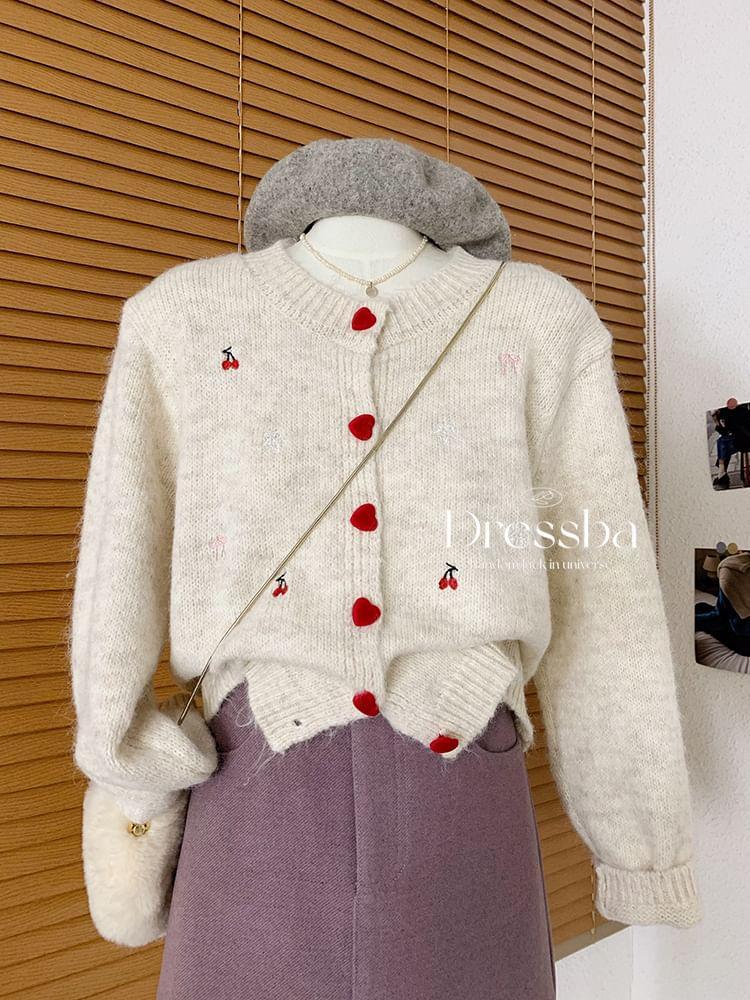 Round Neck Cherry Embroidered Heart Button Cardigan Product Image