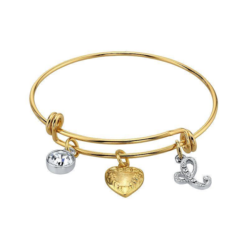 1928 Two Tone Crystal, Heart & Initial Charm Bangle Bracelet, Womens Product Image