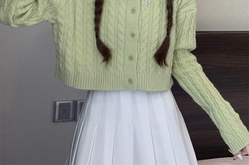 Crew Neck Plain Cable Knit Button-Up Crop Cardigan Product Image