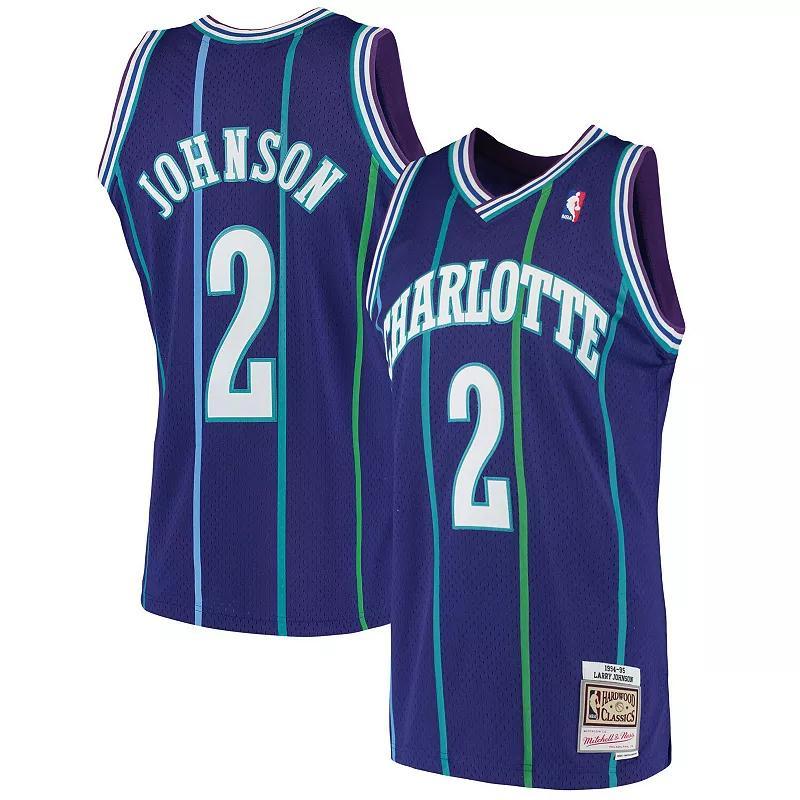 Mens Mitchell & Ness Larry Johnson Purple Charlotte Hornets 1992-93 Hardwood Classics Swingman Jersey Product Image