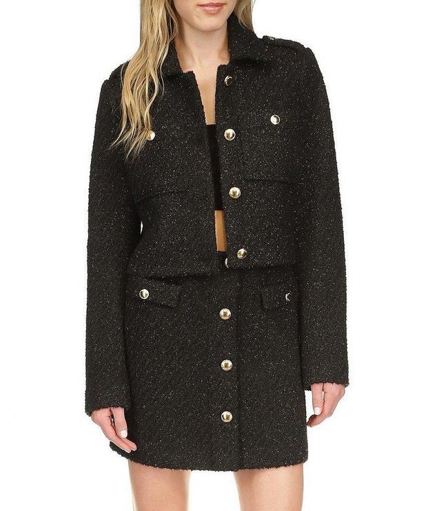 Michael Kors Eyelash Tweed Notch Collar Long Sleeve Gold Button Cropped Coordinating Jacket Product Image