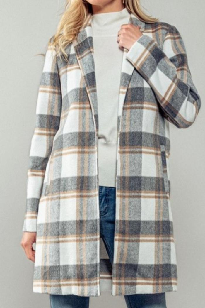 Open Front Long Flannel Plaid Coat Product Image