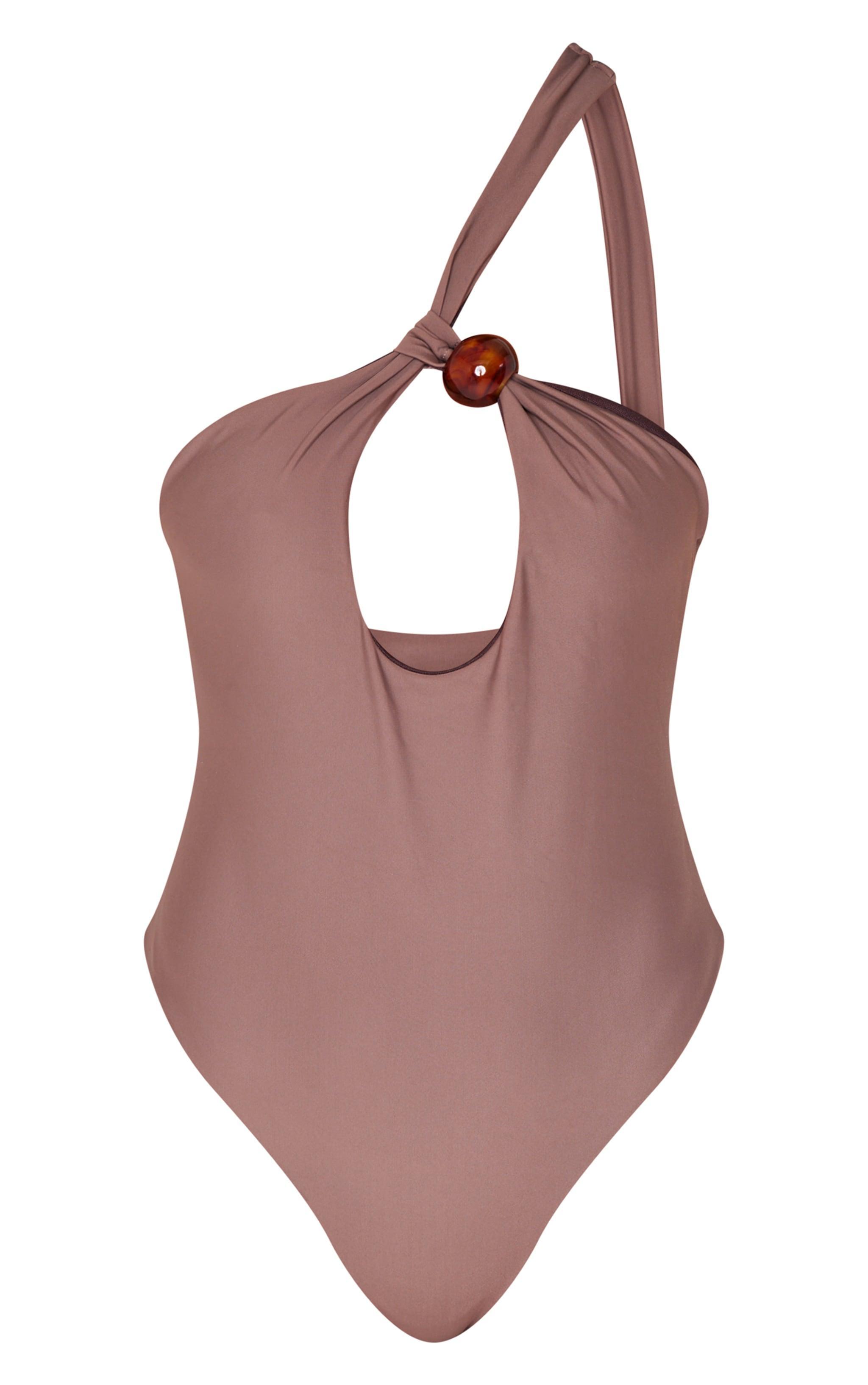 Chocolate Bead Detail One Shoulder Cut Out Swimsuit Product Image