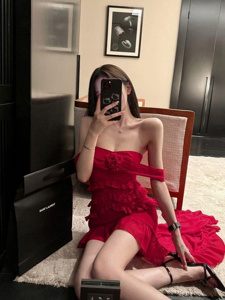 Off Shoulder Ruffle Plain High Low Dress Product Image