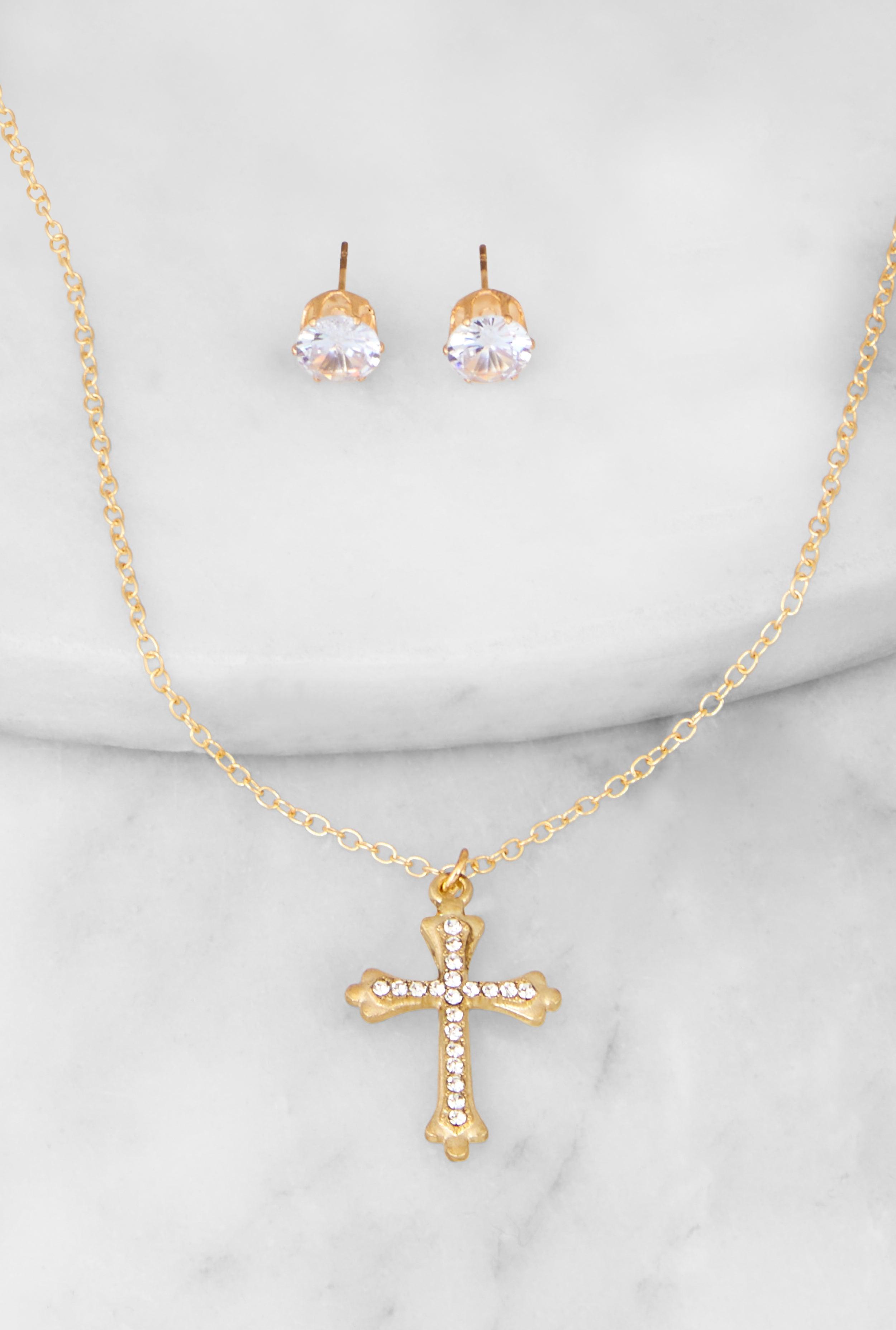 Cross Pendant Chain Necklace and Cubic Zirconia Stud Earrings Female Product Image