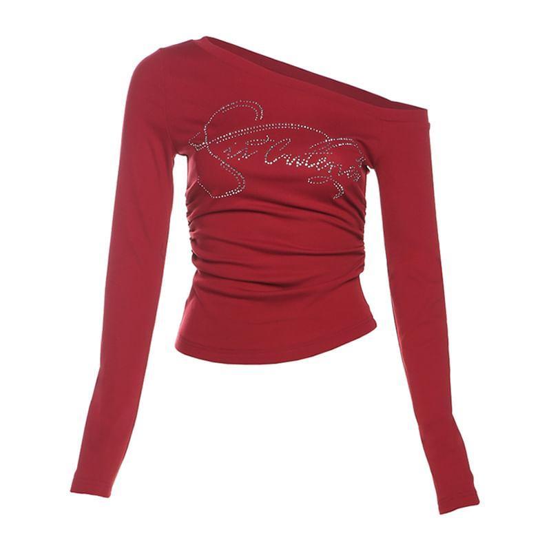 Long-Sleeve One-Shoulder Lettering Rhinestone Cropped T-Shirt Product Image