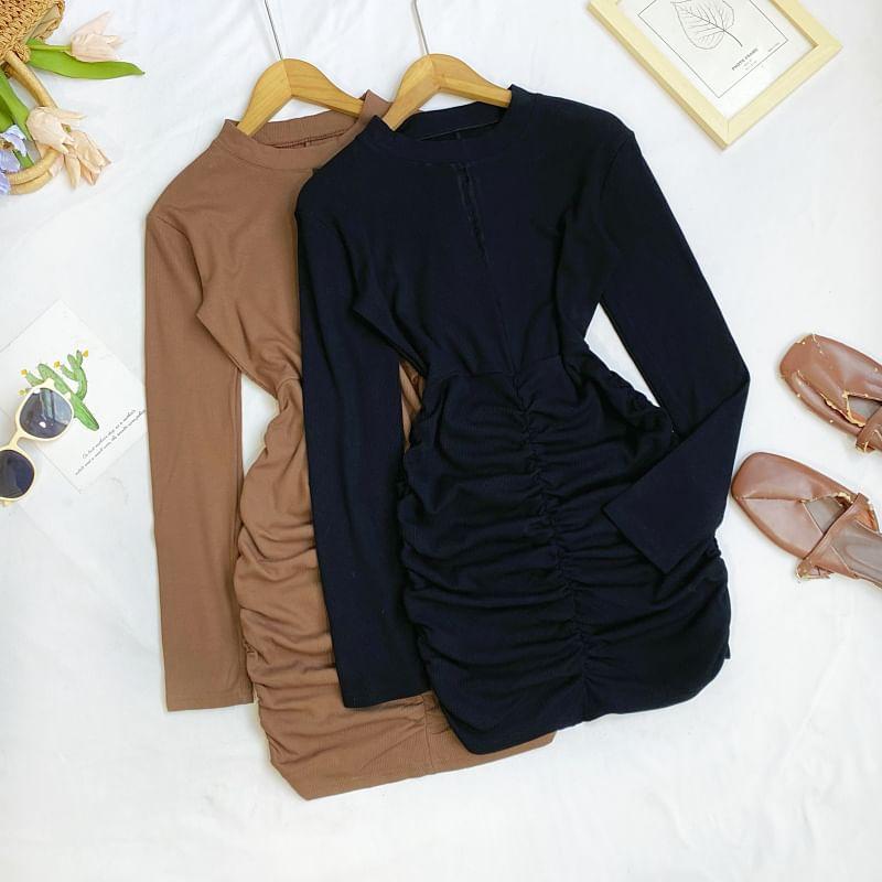 Long Sleeve Crew Neck Plain Ruched Bodycon Mini Dress Product Image