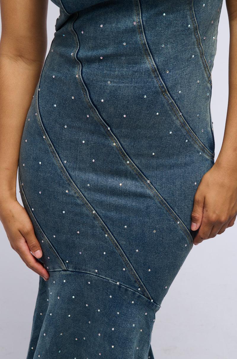 MY OWN MUSE HIGH LOW RHINESTONE DENIM MIDI DRESS Product Image