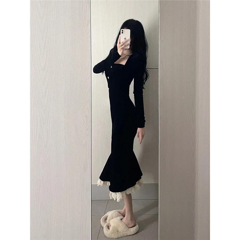 Long-Sleeve Square Neck Frill Trim Velvet Midi Sheath Dress Product Image