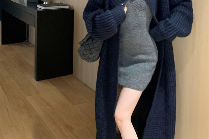 Turtleneck Plain Ribbed Oversized Long Cardigan Product Image