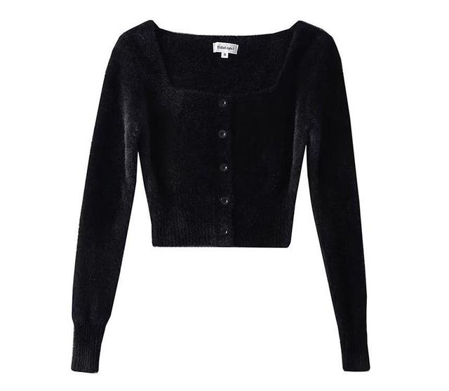 Long-Sleeve Square Neck Plain Button Crop Knit Top Product Image