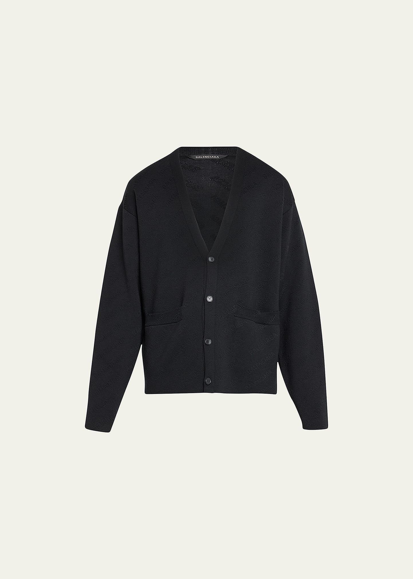 Balenciaga Men's Allover Tonal Logo Cardigan Sweater - Size: 5 - 1000 BLACK/BLACK Product Image