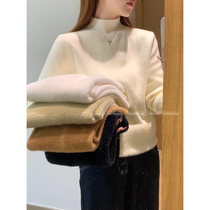 Turtleneck Plain Fluffy Cuff Ribbed Knit Sweater Product Image