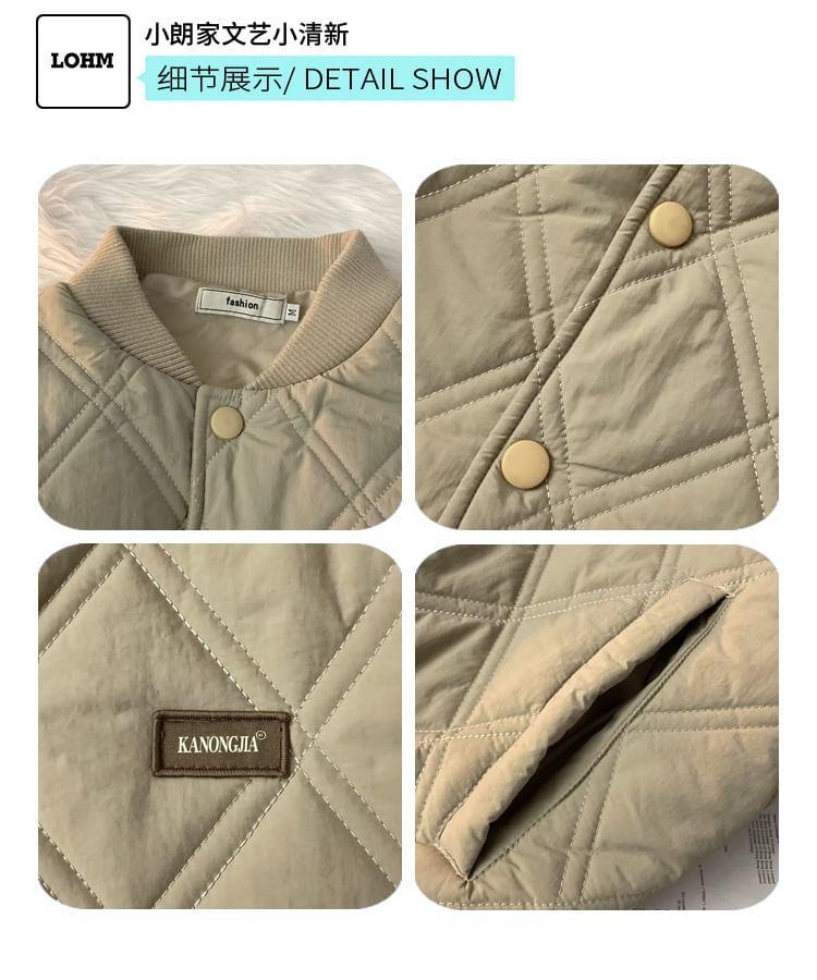 Plain Quilted Snap Button Bomber Jacket Product Image