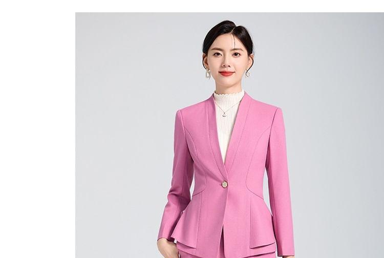 Set: Collarless Plain Single Breasted Blazer + Mid Rise Plain Slacks Product Image