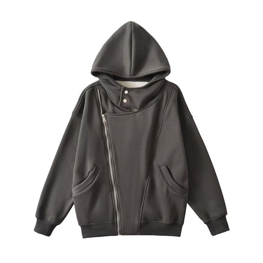 Long-Sleeve Asymmetrical Plain Zip Detail Hoodie Product Image