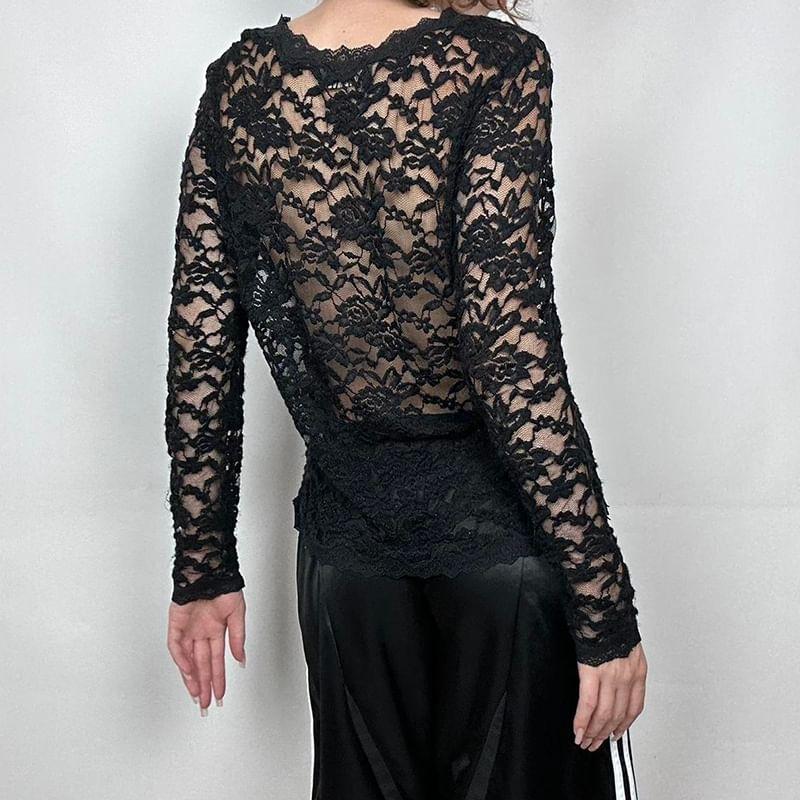 Long-Sleeve V-Neck Floral Lace Crop Top Product Image