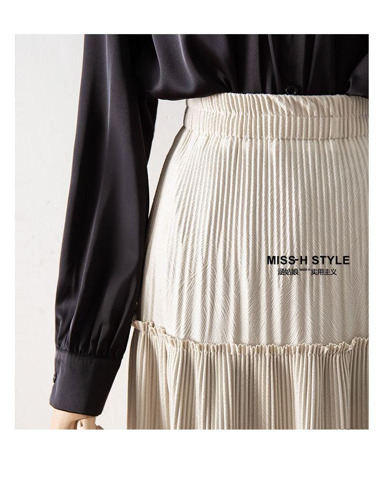 High Waist Plain Pleated A-Line Midi Skirt Product Image