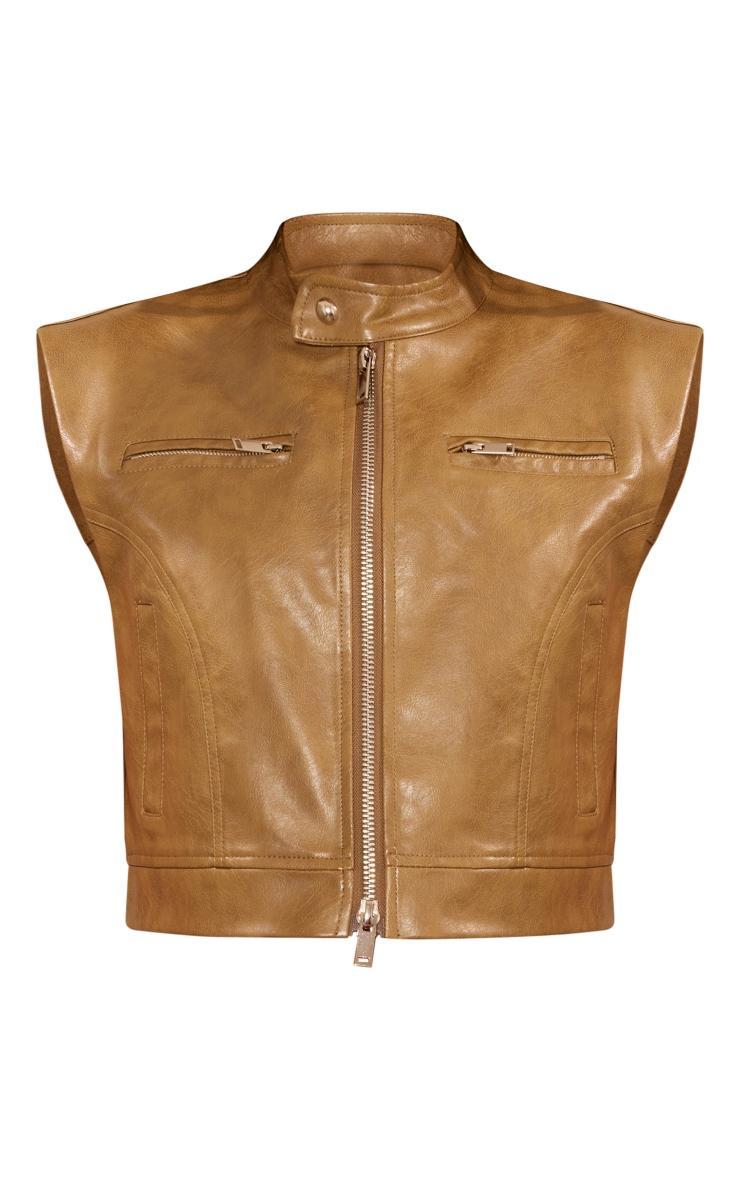 Petite Khaki Sleeveless Collared Faux Leather Vest Product Image