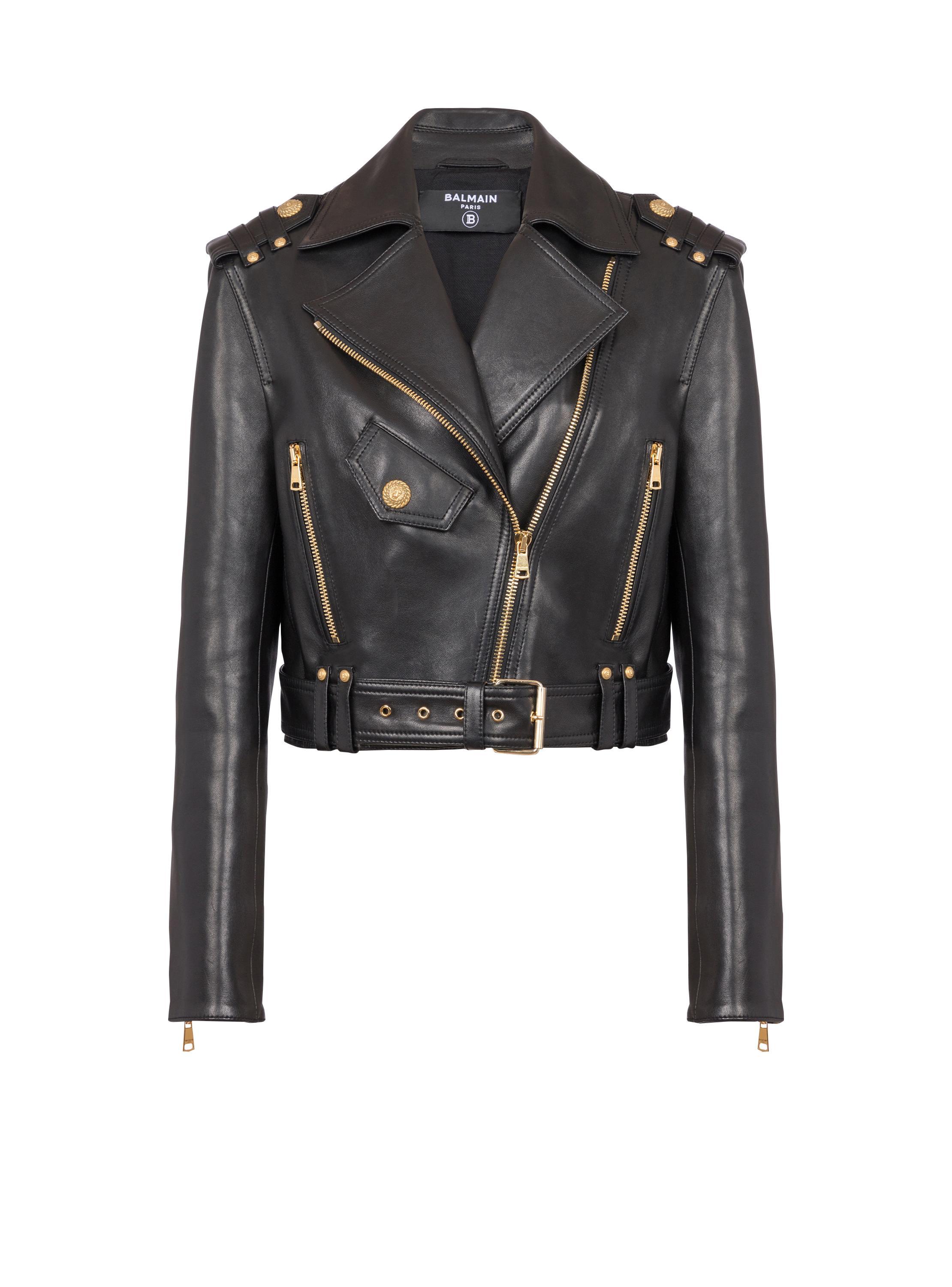 Zipped leather biker jacket product image