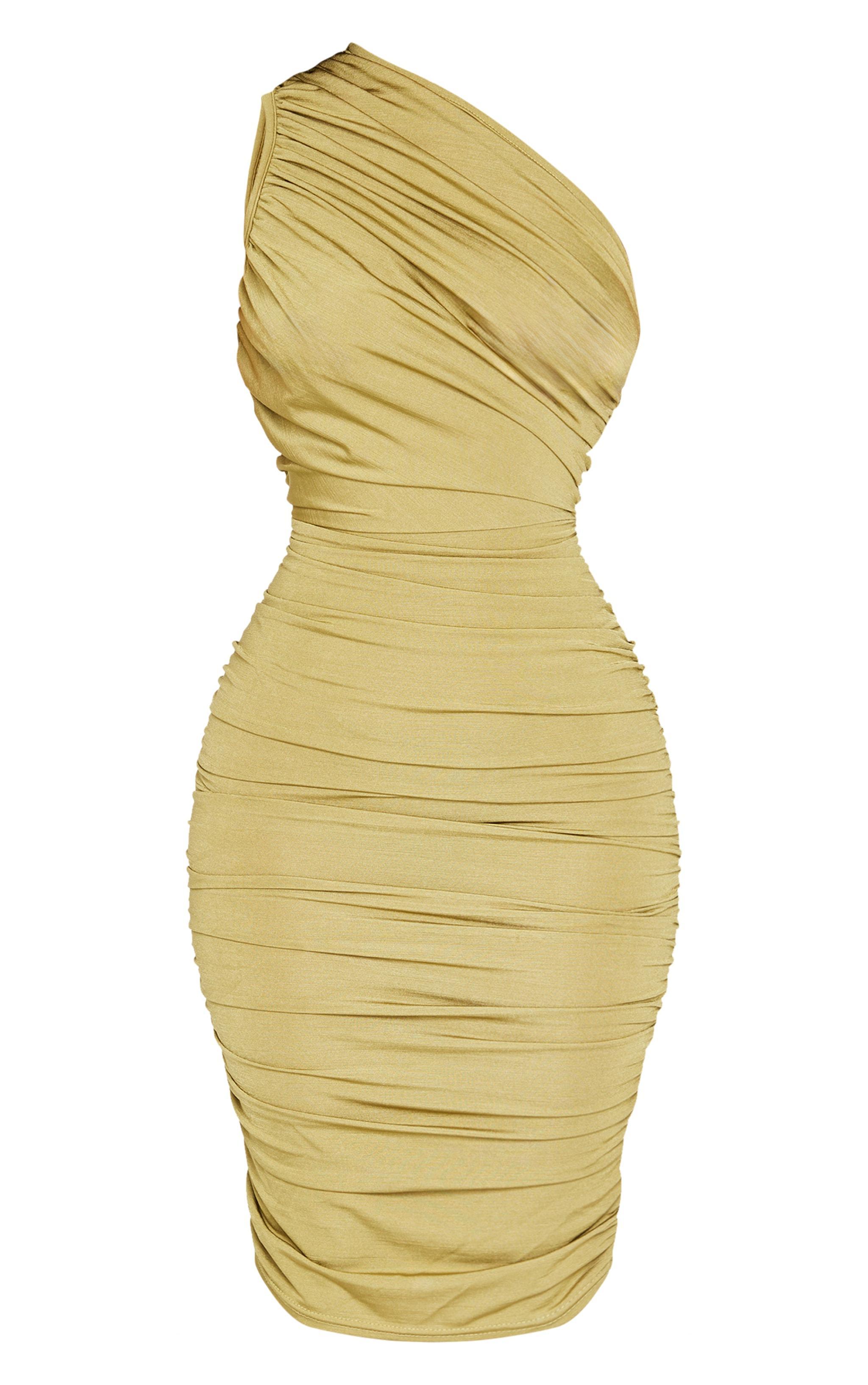 Petite Olive Slinky Ruched One Shoulder Longline Midi Dress Product Image