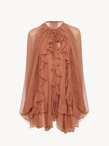 Ruffled cape tunic in silk mousseline Product Image