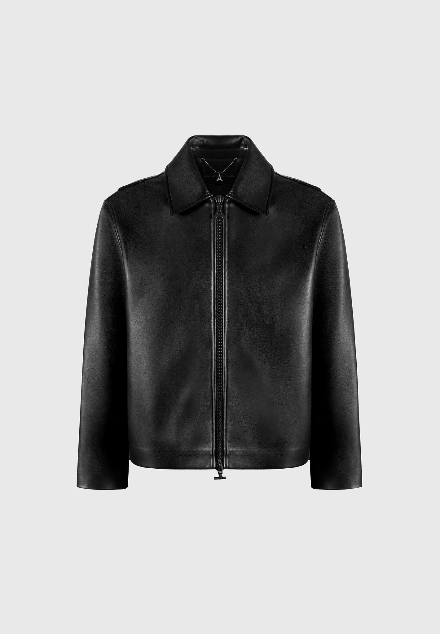 Vegan Leather Minimal Boxy Jacket - Black Male Product Image