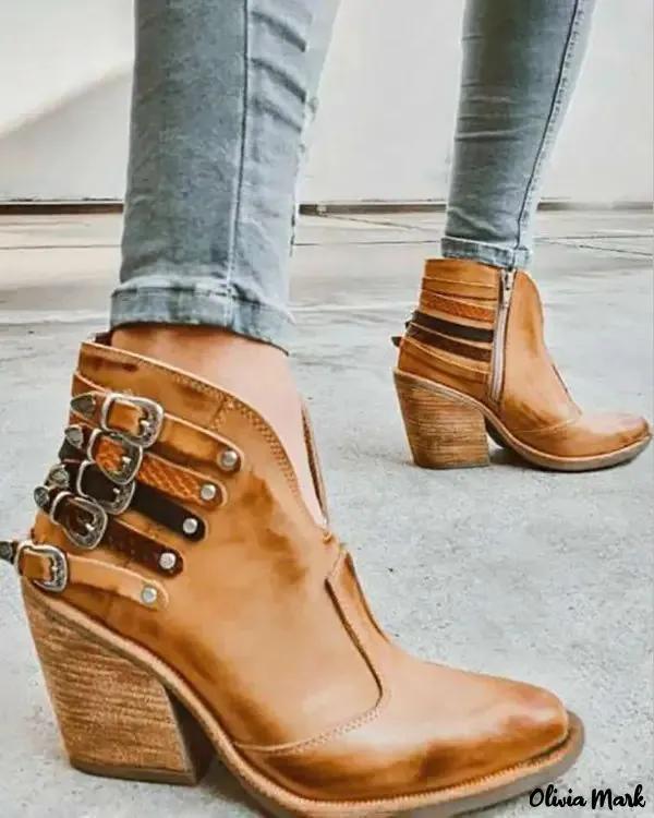 Olivia Mark – Chunky Buckle Studded Boots Product Image