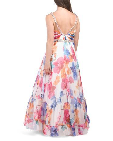 Plunge Neck Embellished A-line Floral Print Gown for Women Product Image